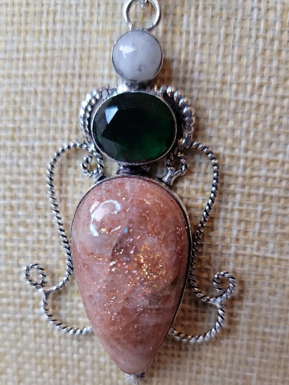 Sterling Silver Sunstone Pendant with Rainbow Moonstone and Synthetic Emerald